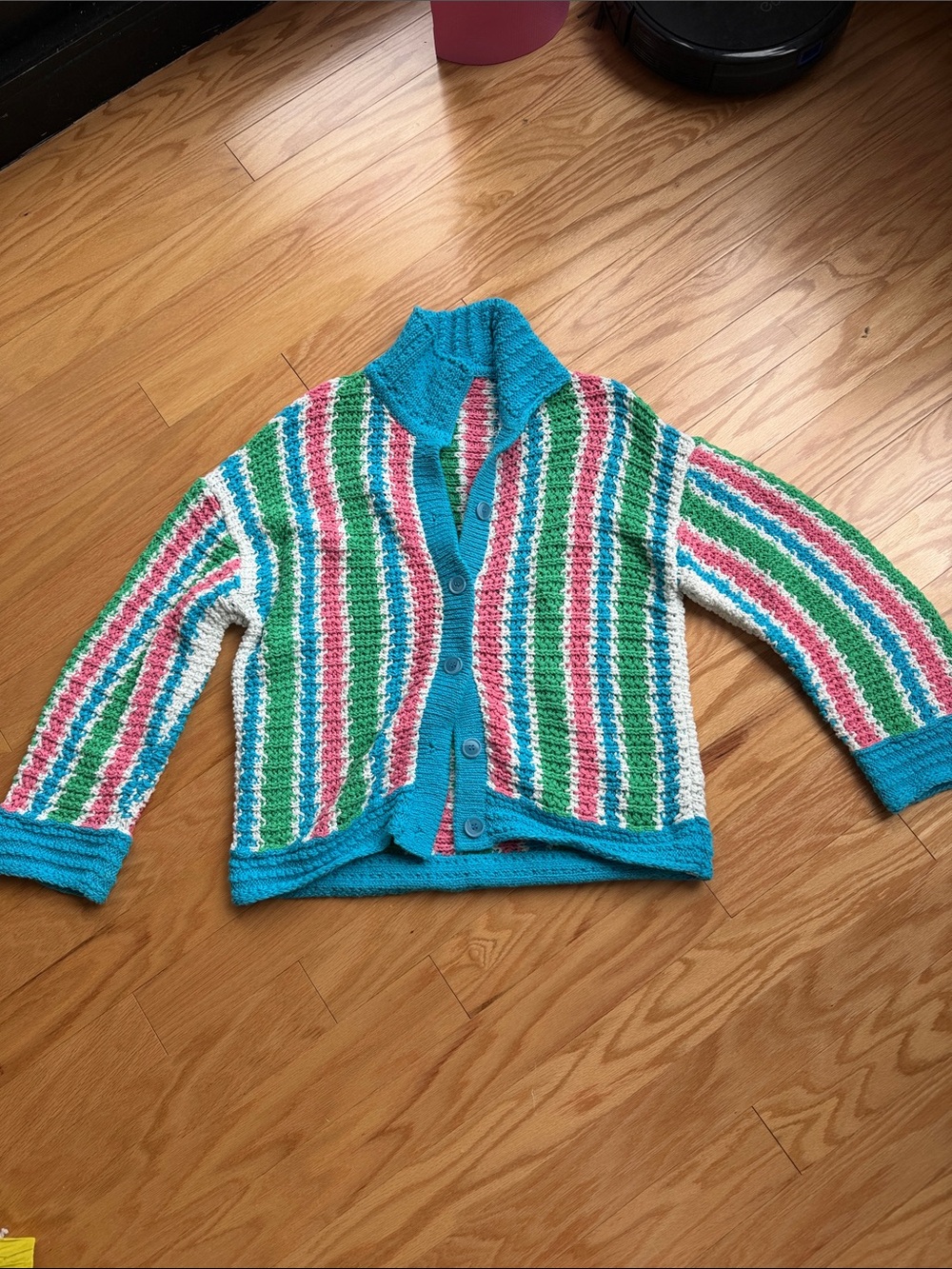Zara Striped Multicolor Button-Up Women's Sweater - Teal Trim